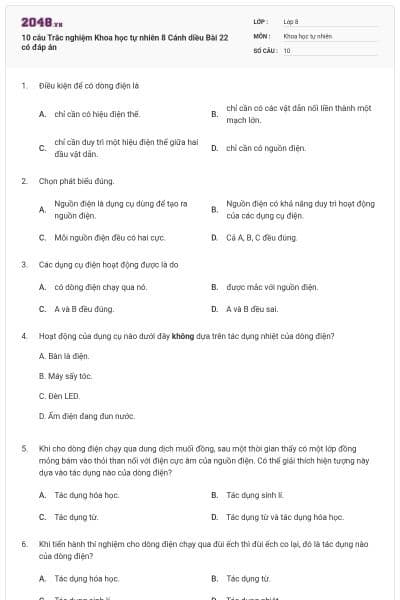 10 câu Trắc nghiệm Khoa học tự nhiên 8 Cánh diều Bài 22 có đáp án