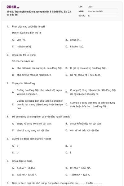 10 câu Trắc nghiệm Khoa học tự nhiên 8 Cánh diều Bài 23 có đáp án