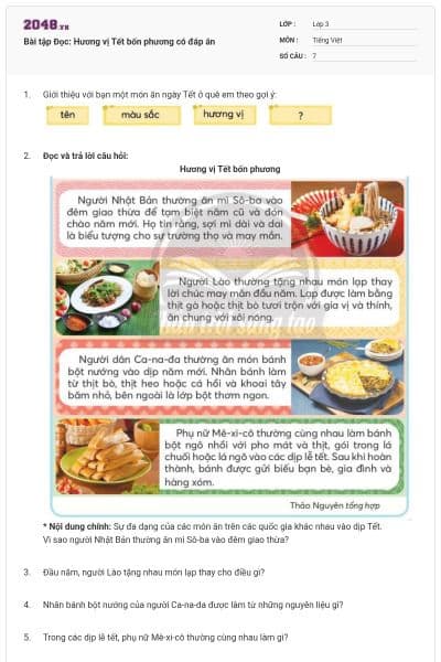 Bài tập Đọc: Hương vị Tết bốn phương có đáp án