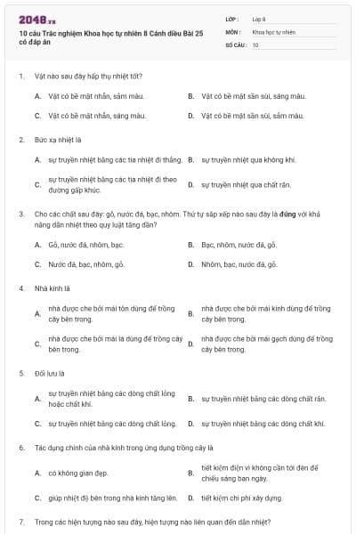 10 câu Trắc nghiệm Khoa học tự nhiên 8 Cánh diều Bài 25 có đáp án