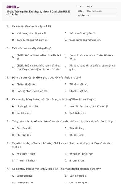 10 câu Trắc nghiệm Khoa học tự nhiên 8 Cánh diều Bài 26 có đáp án