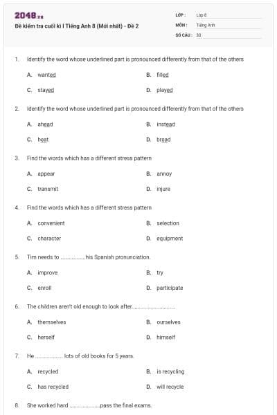Đề kiểm tra cuối kì I Tiếng Anh 8 (Mới nhất) - Đề 2