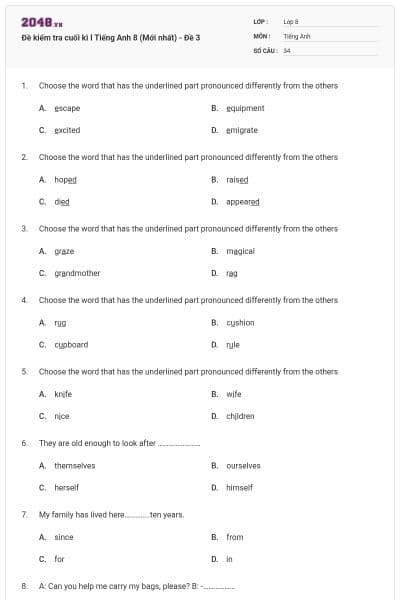 Đề kiểm tra cuối kì I Tiếng Anh 8 (Mới nhất) - Đề 3