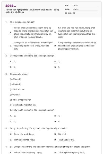 15 câu Trắc nghiệm Hóa 10 Kết nối tri thức Bài 19: Tốc độ phản ứng có đáp án