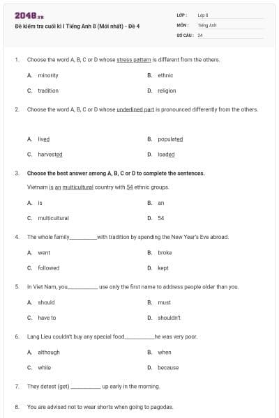 Đề kiểm tra cuối kì I Tiếng Anh 8 (Mới nhất) - Đề 4
