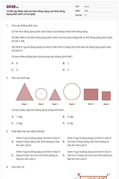 10 Bài tập Nhận biết hai hình đồng dạng, hai hình đồng dạng phối cảnh (có lời giải)