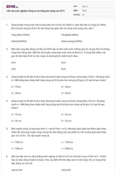 125 câu trắc nghiệm Sóng cơ và Sóng âm nâng cao (P1)