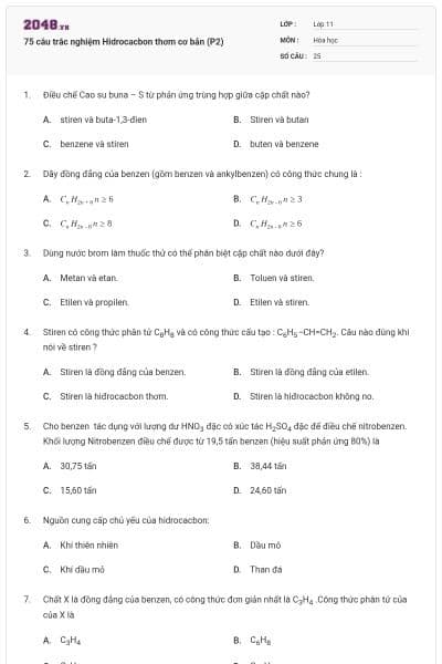 75 câu trắc nghiệm Hidrocacbon thơm cơ bản (P2)