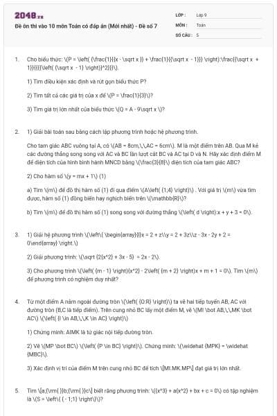 Đề ôn thi vào 10 môn Toán có đáp án (Mới nhất) - Đề số 7