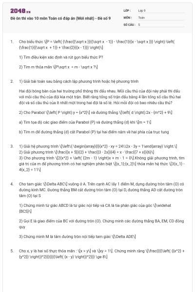 Đề ôn thi vào 10 môn Toán có đáp án (Mới nhất) - Đề số 9