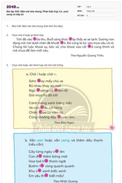 Bài tập Viết: Một mái nhà chung; Phân biệt d/gi; l/n, ươn/ương có đáp án