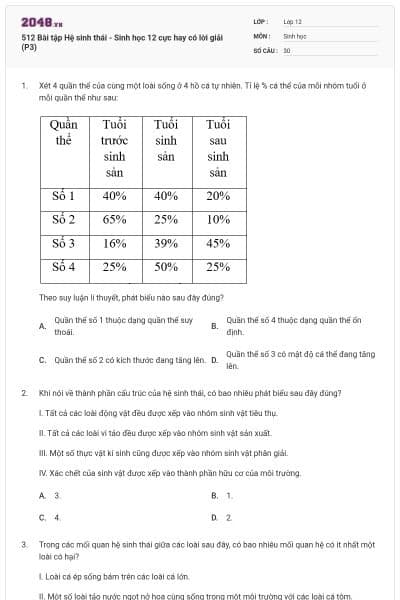 512 Bài tập Hệ sinh thái - Sinh học 12 cực hay có lời giải (P3)