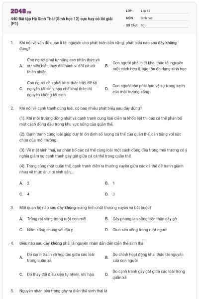 440 Bài tập Hệ Sinh Thái (Sinh học 12) cực hay có lời giải (P1)