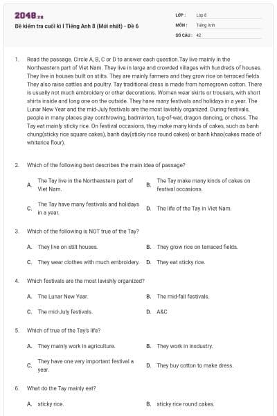 Đề kiểm tra cuối kì I Tiếng Anh 8 (Mới nhất) - Đề 6