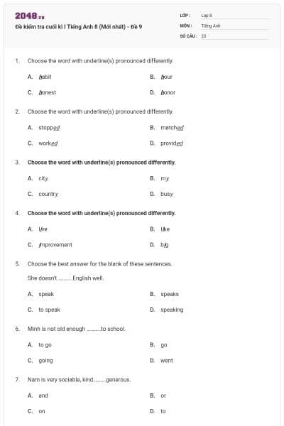 Đề kiểm tra cuối kì I Tiếng Anh 8 (Mới nhất) - Đề 9