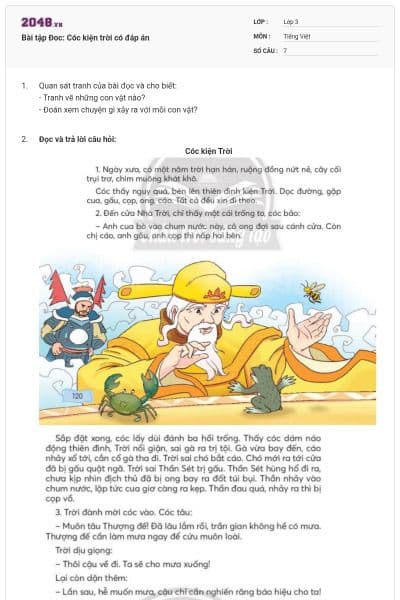 Bài tập Đoc: Cóc kiện trời có đáp án