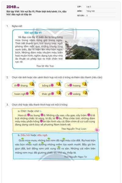 Bài tập Viết: Vời vợi Ba Vì; Phân biệt ênh/uênh; l/n, dấu hỏi/ dấu ngã có đáp án