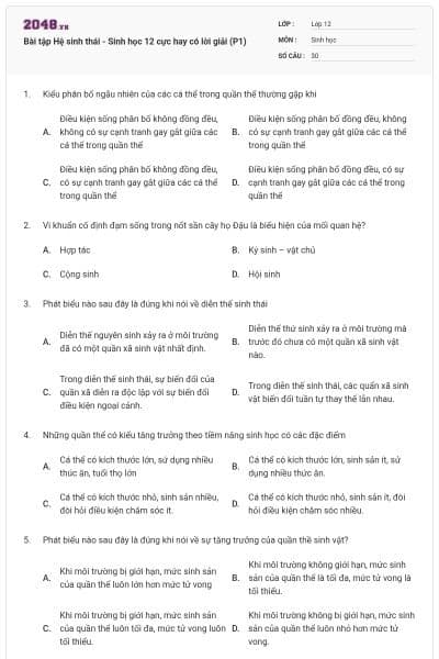 Bài tập Hệ sinh thái - Sinh học 12 cực hay có lời giải (P1)