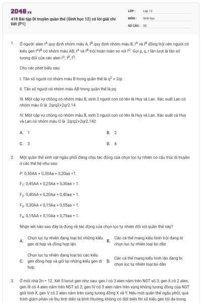 418 Bài tập Di truyền quần thể (Sinh học 12) có lời giải chi tiết (P1)