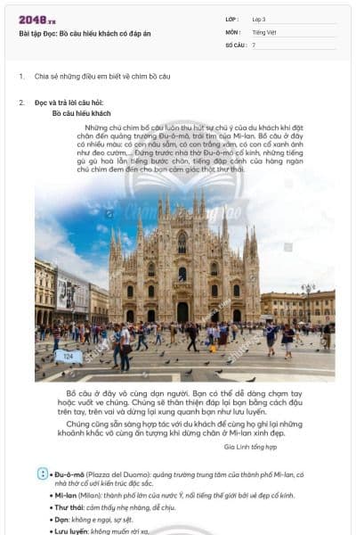 Bài tập Đọc: Bồ câu hiếu khách có đáp án