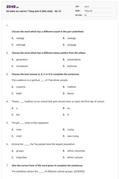 Đề kiểm tra cuối kì I Tiếng Anh 8 (Mới nhất) - Đề 10