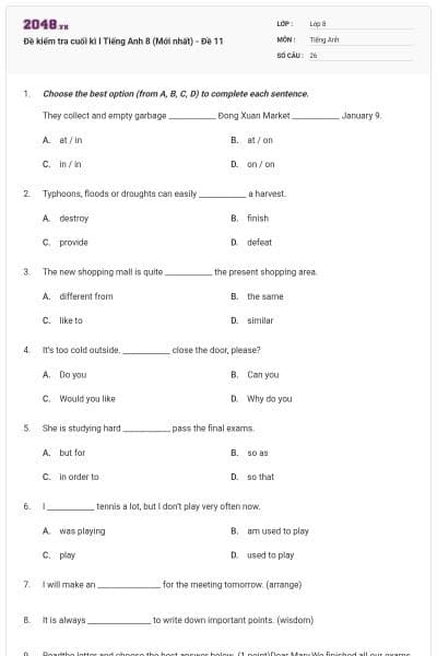 Đề kiểm tra cuối kì I Tiếng Anh 8 (Mới nhất) - Đề 11