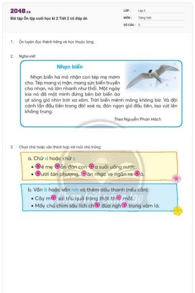 Bài tập Ôn tập cuối học kì 2 Tiết 2 có đáp án