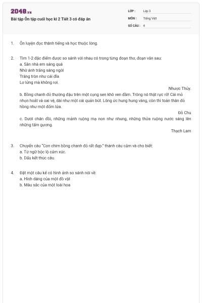 Bài tập Ôn tập cuối học kì 2 Tiết 3 có đáp án