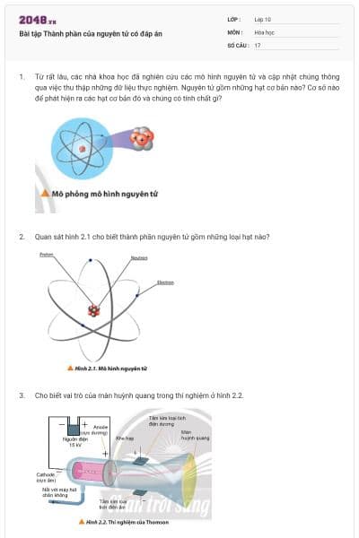 Bài tập Thành phần của nguyên tử có đáp án