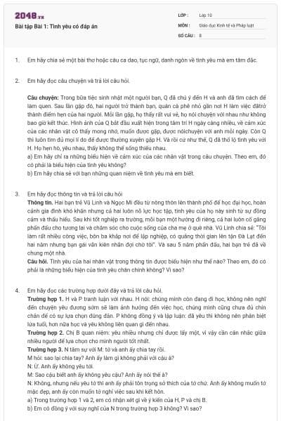 Bài tập Bài 1: Tình yêu có đáp án