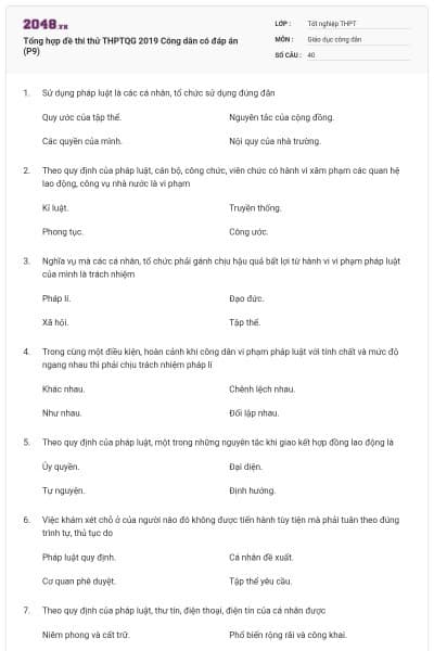 Tổng hợp đề thi thử THPTQG 2019 Công dân có đáp án (P9)