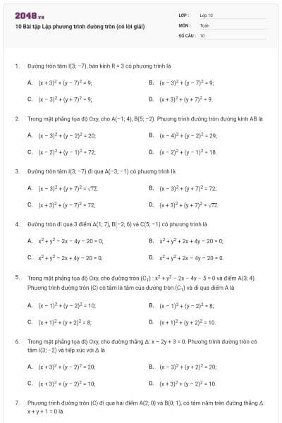 10 Bài tập Lập phương trình đường tròn (có lời giải)