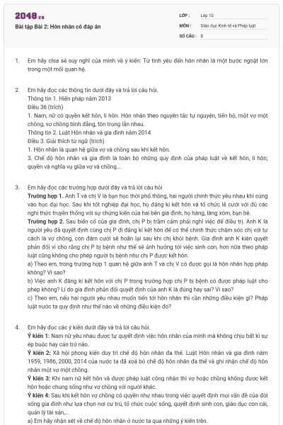 Bài tập Bài 2: Hôn nhân có đáp án
