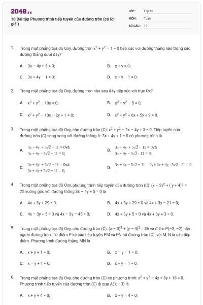 10 Bài tập Phương trình tiếp tuyến của đường tròn (có lời giải)