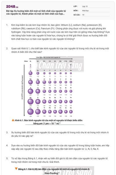 Bài tập Xu hướng biến đổi một số tính chất của nguyên tử các nguyên tố, thành phần và một số tính chất của hợp chất trong một chu kì và nhóm có đáp án