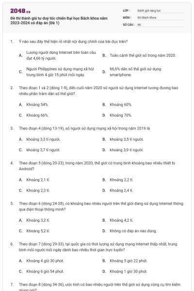 Đề thi Đánh giá tư duy tốc chiến Đại học Bách khoa năm 2023-2024 có đáp án (Đề 1)
