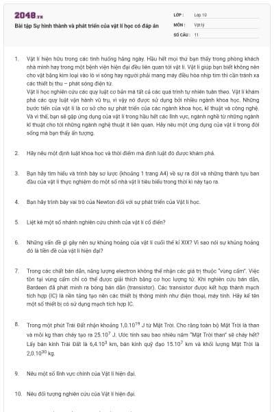 Bài tập Sự hình thành và phát triển của vật lí học có đáp án