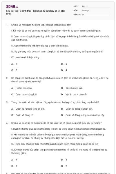 512 Bài tập Hệ sinh thái - Sinh học 12 cực hay có lời giải (P6)