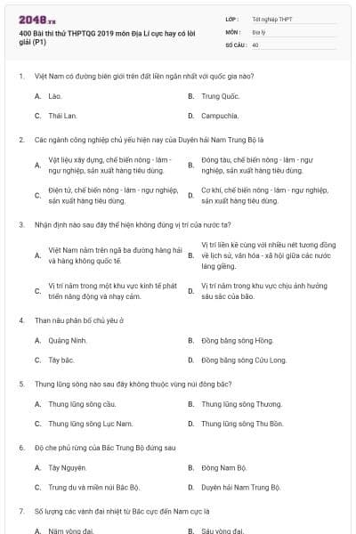 400 Bài thi thử THPTQG 2019 môn Địa Lí cực hay có lời giải (P1)