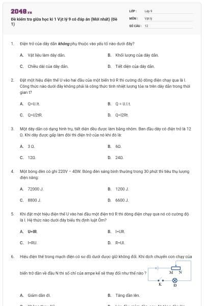 Đề kiểm tra giữa học kì 1 Vật lý 9 có đáp án (Mới nhất) (Đề 1)
