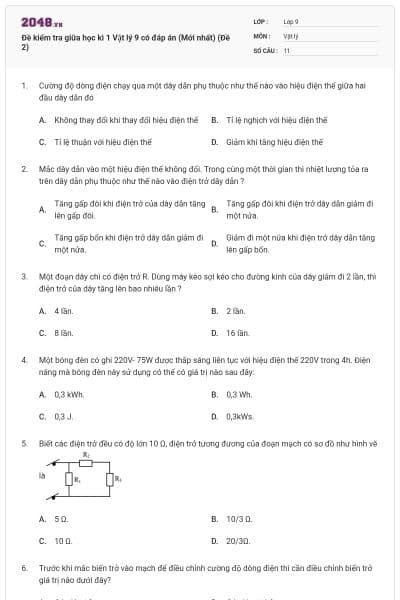 Đề kiểm tra giữa học kì 1 Vật lý 9 có đáp án (Mới nhất) (Đề 2)