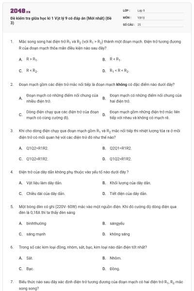 Đề kiểm tra giữa học kì 1 Vật lý 9 có đáp án (Mới nhất) (Đề 3)