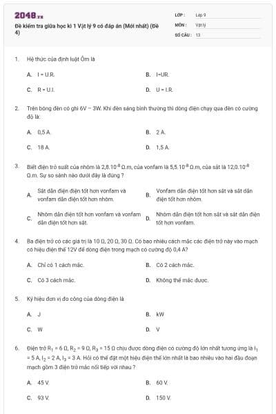Đề kiểm tra giữa học kì 1 Vật lý 9 có đáp án (Mới nhất) (Đề 4)