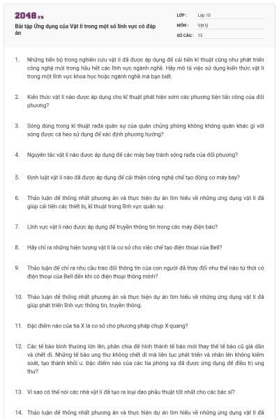 Bài tập Ứng dụng của Vật lí trong một số lĩnh vực có đáp án