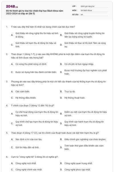 Đề thi Đánh giá tư duy tốc chiến Đại học Bách khoa năm 2023-2024 có đáp án (Đề 5)
