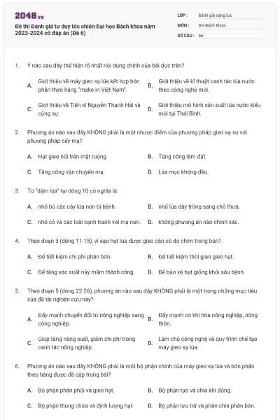 Đề thi Đánh giá tư duy tốc chiến Đại học Bách khoa năm 2023-2024 có đáp án (Đề 6)