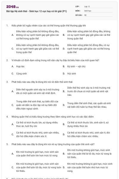 Bài tập Hệ sinh thái - Sinh học 12 cực hay có lời giải (P1)