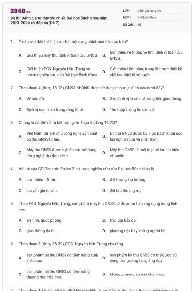 Đề thi Đánh giá tư duy tốc chiến Đại học Bách khoa năm 2023-2024 có đáp án (Đề 7)