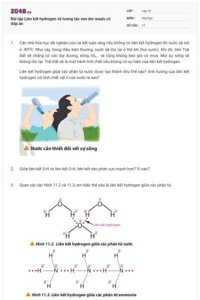 Bài tập Liên kết hydrogen và tương tác van der waals có đáp án