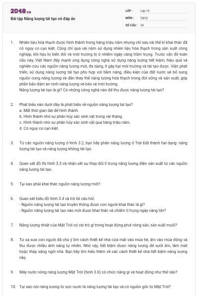 Bài tập Năng lượng tái tạo có đáp án